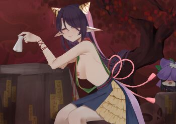 2girls absurdres alternate_costume black_hair blue_skirt blush breasts closed_mouth commentary cone_horns dress flower flower_on_head green_tabard highres holding horn_ornament horn_ribbon horns large_breasts lobelia_(flower) long_hair looking_at_viewer multiple_girls nippaku_zanmu no_bra no_noru open_mouth pointy_ears power_item_(touhou) purple_dress purple_flower ribbon sitting skirt tabard touhou very_long_hair yellow_horns yomotsu_hisami