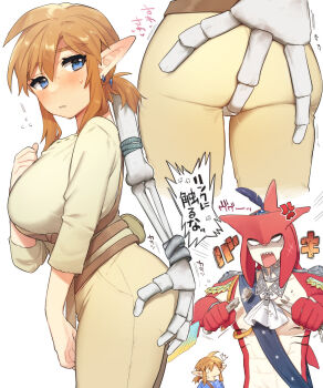 1boy 1girl blonde_hair blush breasts colored_skin commentary_request fish_boy genderswap genderswap_(mtf) grabbing_another&#039;s_ass groping highres large_breasts link nintendo pants pointy_ears red_skin sidon skeletal_arm the_legend_of_zelda the_legend_of_zelda:_breath_of_the_wild ttanuu. zora