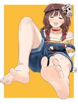 1girl animal_ears barefoot blush brown_hair closed_eyes feet highres hololive inugami_korone long_hair open_mouth overalls soles toes yorunoudonya