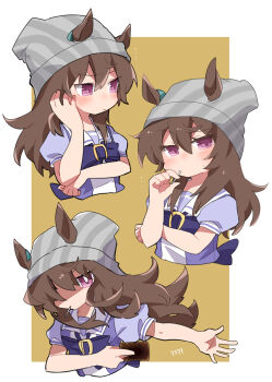 1girl animal_ears beanie beer_hsk between_fingers border bow brown_background brown_hair card ears_through_headwear grey_hat hair_between_eyes hat holding holding_card horse_ears long_hair mouth_hold multiple_views nakayama_festa_(umamusume) puffy_short_sleeves puffy_sleeves purple_bow purple_eyes purple_shirt school_uniform shirt short_sleeves striped_clothes striped_headwear tracen_school_uniform umamusume vertical-striped_clothes vertical-striped_headwear white_border