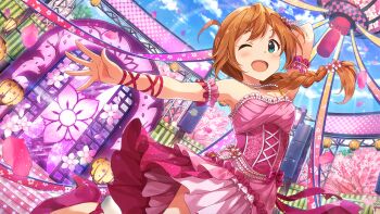 1girl arm_behind_head armband baba_konomi bead_choker beads braid breasts brown_hair commentary_request day dress falling_petals frilled_armband frills game_cg green_eyes hair_over_shoulder high_heels idolmaster idolmaster_million_live! idolmaster_million_live!_theater_days long_hair official_alternate_costume official_art one_eye_closed open_mouth outdoors petals pink_dress pink_shoes shoes single_braid small_breasts smile solo stage standing strapless strapless_dress third-party_source two_side_up