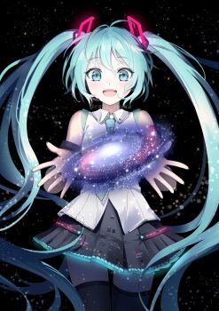 1girl :d absurdres aqua_eyes aqua_hair aqua_necktie aqua_trim bare_shoulders black_skirt black_thighhighs collared_shirt commentary_request cowboy_shot galaxy hair_ornament hatsune_miku highres iluka_(ffv7) light_blush long_hair necktie number_tattoo open_hands open_mouth round_teeth shirt shoulder_tattoo skirt sleeveless sleeveless_shirt smile solo space star_(sky) tattoo teeth thighhighs twintails twitter_username upper_teeth_only vocaloid white_shirt