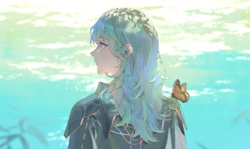 Rule 34 | 1girl, absurdres, butterfly on shoulder, cape, female byleth (fire emblem), fire emblem, fire emblem: three houses, from behind, green eyes, green hair, highres, light reflection (water), long hair, nintendo, profile, solo, upper body, water, zhihaiwusheng