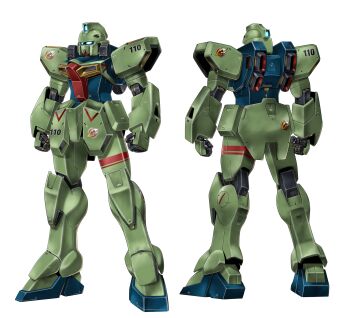 Rule 34 | absurdres, back, blue eyes, clenched hands, commentary request, dual persona, earth federation, glowing, glowing eyes, gun, gun-ez, gundam, highres, machine gun, mecha, mecha focus, military rank insignia, mobile suit, multiple views, no humans, realistic, robot, roundel, science fiction, seotaku (kyokkou), victory gundam, weapon, white background