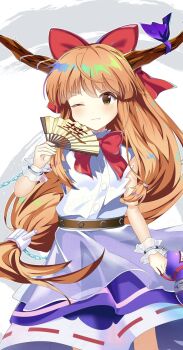 Rule 34 | 1girl, aoi 1013ss, belt, blue skirt, bow, bowtie, brown belt, brown eyes, brown horns, chain, closed mouth, cowboy shot, folding fan, gourd, hair bow, hand fan, hashtag-only commentary, highres, holding, holding fan, holding gourd, horn ornament, horn ribbon, horns, ibuki suika, long hair, low-tied long hair, one eye closed, orange hair, red bow, red bowtie, ribbon, ribbon-trimmed skirt, ribbon trim, shirt, shirt tucked in, skirt, sleeveless, sleeveless shirt, smile, solo, standing, touhou, very long hair, white shirt, white wrist cuffs, wrist cuffs