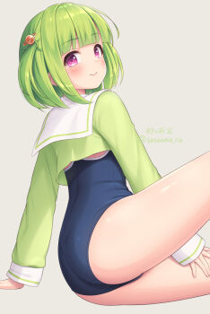 1girl blue_one-piece_swimsuit closed_mouth commentary_request cropped_shirt green_hair green_shirt hair_ornament highres long_sleeves looking_at_viewer medium_hair one-piece_swimsuit original planet_hair_ornament purple_eyes sailor_collar sailor_shirt sasaame school_swimsuit serasuku shirt sitting sleeves_past_wrists smile solo swimsuit two_side_up white_sailor_collar