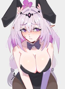1girl alternate_costume animal_ears bare_shoulders black_leotard black_pantyhose blush breasts castorice_(honkai:_star_rail) cleavage commentary english_commentary fake_animal_ears flower hair_flower hair_ornament highres honkai:_star_rail honkai_(series) large_breasts leotard long_hair looking_at_viewer pantyhose playboy_bunny pointy_ears purple_eyes purple_hair rabbit_ears simple_background solo tiara unfamousradish very_long_hair