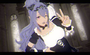 3d aged_up blurry blurry_background breasts camilla_(fire_emblem) castle fang female_kana_(fire_emblem) fire_emblem fire_emblem_fates large_breasts long_bangs long_hair nintendo one_eye_closed peace_symbol pointy_ears purple_eyes purple_hair smile stained_glass tiara time_skip universalkun wink