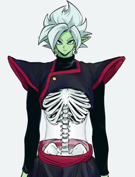 1boy absurdres black_bodysuit black_pants bodysuit bone colored_skin dragon_ball dragon_ball_super earrings expressionless fused_zamasu gimdol_z green_skin grey_eyes highres jewelry long_sleeves looking_at_viewer pants pointy_ears potara_earrings red_sash ribs sash skeleton solo spiked_hair surreal white_background white_hair