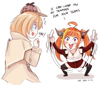 2girls artist_name blonde_hair blue_eyes bow breasts camisole censored cleavage commentary dated deerstalker diagonal-striped_bow dragon_girl dragon_horns english_commentary english_text fangs hat highres hololive hololive_english horn_bow horn_ornament horns jewelry kiryu_coco kiryu_coco_(loungewear) kivo large_breasts mosaic_censoring multicolored_hair multiple_girls necklace orange_hair pointy_ears purple_eyes skin_fangs streaked_hair striped_bow tampon tears thighhighs twintails two-tone_hair virtual_youtuber watson_amelia