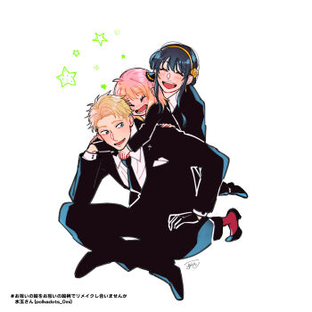 Rule 34 | 1boy, 2girls, :d, ^ ^, anya (spy x family), arm support, awarinko, black gloves, black hair, black jacket, black necktie, black pants, black shoes, blonde hair, blue eyes, blush, brown hair, brown hairband, closed eyes, collared shirt, gloves, gradient hair, hairband, highres, jacket, long hair, multicolored hair, multiple girls, necktie, open mouth, pants, pink hair, red socks, shirt, shoes, signature, simple background, smile, socks, spy x family, star (symbol), translation request, twilight (spy x family), white background, white shirt, yor briar