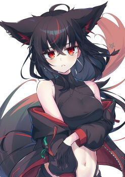 animal_ears bare_shoulders black_gloves black_hair black_jacket black_shirt black_tail commentary_request fox_ears fox_girl fox_tail gloves hair_between_eyes highres hololive jacket kamkampan kurokami_fubuki looking_at_viewer navel red_eyes shirakami_fubuki shirt simple_background stomach tail virtual_youtuber white_background
