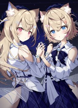2girls absurdres alternate_costume animal_ear_fluff animal_ears ascot bandaid bandaid_hair_ornament beret blonde_hair blouse blue_ascot blue_bow blue_bowtie blue_eyes blue_journey_(hololive) blue_skirt blue_streaks bow bowtie bracelet clothing_cutout collared_shirt commentary cowboy_shot crossed_bangs diamond-shaped_brooch dog_ears dog_girl dog_tail from_behind fuwawa_abyssgard hair_intakes hair_ornament hairclip hat highres holding_hands hololive hololive_english jewelry light_blush long_hair long_sleeves looking_at_viewer mococo_abyssgard multicolored_hair multiple_girls neru5 night parallel_hairclips parted_lips pink_eyes pink_streaks plaid_clothes plaid_hat plaid_skirt shirt short_hair shoulder_cutout siblings sisters skirt sleeve_cuffs streaked_hair suspenders tail twins two_side_up virtual_youtuber white_shirt x_hair_ornament