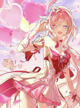 1girl absurdres balloon beret blue_sky commentary_request diamond-shaped_pupils diamond_(shape) dress elf elysia_(hi_love_elf)_(honkai_impact) elysia_(honkai_impact) half-heart_hands hat heart_balloon highres honkai_(series) honkai_impact_3rd long_hair multicolored_hair open_mouth pink_hair pointy_ears purple_eyes red_dress revision sky smile solo symbol-shaped_pupils thighhighs two-tone_hair very_long_hair white_dress white_hair white_thighhighs zhen_wuzei