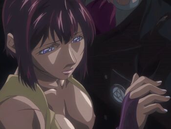 00s 1boy 1girl 2007 animated animated_gif anime_screenshot arm_around_waist bald bare_shoulders bible_black bible_black_new_testament breasts catching cleavage facial_hair formal_clothes goatee helping holding holding_hands large_breasts lipstick long_sleeves makeup mature_female monk nipples nun purple_eyes red_hair religious revealing_clothes scar shin_bible_black short_hair smile suit sunglasses tagme takashiro_hiroko tight_clothes wide_hips yuge_toru