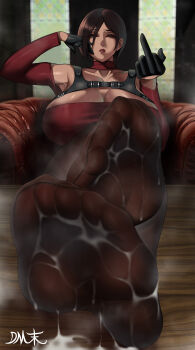 1girl absurdres ada_wong black_hair breasts brown_eyes d.m._mo feet feet_on_table highres large_breasts looking_at_viewer middle_finger pantyhose resident_evil resident_evil_4 resident_evil_4_(remake) short_hair smell soles steam toes