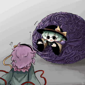 2girls ? ?? ball black_eyes black_hairband black_hat bow entangled green_hair hairband hat hat_bow heripantomorrow komeiji_koishi komeiji_satori long_sleeves looking_at_another multiple_girls open_mouth pink_hair string sweatdrop touhou wide_sleeves yellow_bow