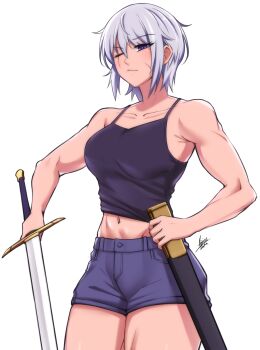 1girl ;/ absurdres airisubaka artist_name bare_arms bare_shoulders black_camisole breasts camisole closed_mouth collarbone commentary cowboy_shot english_commentary grey_hair hair_between_eyes hand_on_sheath highres holding holding_sword holding_weapon large_breasts looking_at_viewer midriff muscular muscular_female navel one_eye_closed original purple_eyes purple_shorts scar scar_across_eye scar_on_face sheath short_hair short_shorts shorts signature simple_background solo spaghetti_strap sword weapon white_background