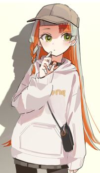 1girl absurdres asymmetrical_bangs baseball_cap cevio chis-a choker colored_inner_hair commentary_request cowboy_shot earrings green_eyes grey_hair hand_up hat highres hood hood_down hoodie jewelry long_hair long_sleeves looking_to_the_side miniskirt multicolored_hair o-ring o-ring_choker orange_hair pantyhose pleated_skirt skirt sleeves_past_wrists solo streaked_hair uranosebi very_long_hair voisona