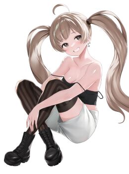 1girl absurdres ahoge bare_shoulders black_boots black_camisole black_thighhighs blush boots breasts brown_eyes brown_hair camisole cleavage double_strap_slip earrings full_body grin hakozaki_serika heart heart_earrings highres horegi idolmaster idolmaster_million_live! jewelry knees_up lace-up_boots long_hair shorts sideways_glance simple_background sitting smile solo spaghetti_strap strap_slip striped_clothes striped_thighhighs thighhighs twintails white_background white_shorts