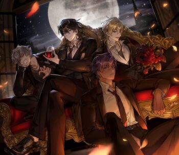 Rule 34 | 4boys, :/, :d, alcohol, belt, belt buckle, black belt, black hair, black jacket, black necktie, black pants, black shoes, black suit, blonde hair, bouquet, buckle, closed mouth, collared shirt, couch, crew neck, crossed bangs, crossed legs, cup, cupping glass, dark-skinned male, dark skin, drinking glass, earrings, ensemble stars!, falling petals, feet out of frame, figure four sitting, flower, foot out of frame, formal clothes, full moon, glint, grey eyes, grey hair, grey shirt, grin, hair between eyes, hakaze kaoru, highres, holding, holding bouquet, holding cup, jacket, jewelry, knee up, korean commentary, long sleeves, looking at viewer, male focus, medium hair, moon, multiple boys, necklace, necktie, night, ogami koga, on couch, on floor, open clothes, open collar, open jacket, open mouth, open window, otogari adonis, oxfords, pants, panza, petals, purple hair, red eyes, red flower, red rose, ring, rose, sakuma rei (ensemble stars!), shirt, shoes, short hair, sitting, smile, stud earrings, suit, suit jacket, undead (ensemble stars!), undershirt, v-shaped eyebrows, white shirt, window, wine, wine glass, yellow eyes