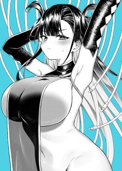 +_+ 1girl absurdres armpits blue_background blush breast_curtain breasts cross-shaped_pupils elbow_gloves gloves hair_horns hand_up highres kaoru_(h8qm9) kuniruri_natsuki large_breasts mole mole_under_eye naked_tabard navel nue_no_onmyouji sideboob solo star-shaped_pupils star_(symbol) sweat symbol-shaped_pupils tabard wire