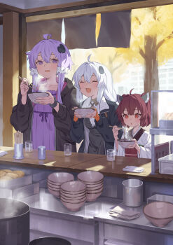 3girls :d :o ^_^ ahoge black_dress black_jacket bowl chopsticks closed_eyes collarbone commentary double-parted_bangs dress eating food gloves hair_between_eyes headgear highres holding holding_bowl holding_chopsticks hood hood_down hooded_jacket jacket japanese_clothes kimono kizuna_akari long_hair long_sleeves multiple_girls noodles obi open_clothes open_jacket open_mouth orange_gloves purple_dress purple_eyes purple_hair red_eyes red_sash sash short_hair short_hair_with_long_locks smile touhoku_kiritan vocaloid voiceroid white_hair white_kimono wide_sleeves yamamomo_(plank) yuzuki_yukari