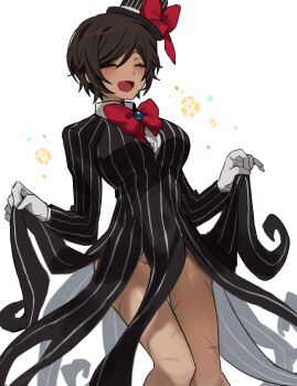 1girl :d black_dress bow breasts closed_eyes commentary_request dress frills gloves hat highres jewelry korean_commentary large_breasts limbus_company open_mouth outis_(project_moon) pentagram project_moon red_bow scar short_hair simple_background smile top_hat white_gloves yippee