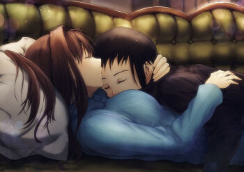 1boy 1girl absurdres aozaki_aoko black_hair black_sweater blue_sweater brown_hair closed_eyes couch cuddling cushion hair_intakes hand_on_another&#039;s_back hand_on_another&#039;s_neck highres light_blush long_hair lying lying_on_another mahou_tsukai_no_yoru on_back pillow shizuki_soujuurou short_hair smile sweater toomishou turtleneck turtleneck_sweater