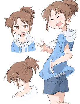 1girl blue_hoodie blue_shorts brown_eyes city_(arawi_keiichi) closed_mouth collarbone dot_nose from_behind hand_in_pocket highres hood hood_down hoodie jitome looking_at_viewer medium_hair multiple_views nagumo_midori off-shoulder_shirt off_shoulder open_clothes open_hoodie open_mouth ponytail shirt shorts sidelocks simple_background single_bare_shoulder small_sweatdrop smile v white_background white_shirt wichimi