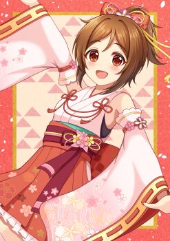 1girl absurdres bow bowtie brown_hair detached_sleeves domyoji_karin flower_ornament hair_ornament highres idolmaster idolmaster_cinderella_girls mula0114 nontraditional_miko open_mouth red_eyes short_hair smile tassel thighhighs wide_sleeves