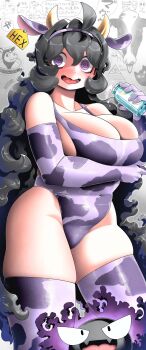 1girl alternate_breast_size_(larger) animal_print bags_under_eyes bottle cow_print gastly gen_1_pokemon gen_2_pokemon gen_7_pokemon gengar hakkasame hex_maniac_(pokemon) hex_maniac_(pokemon_xy) highleg highleg_leotard highres leotard long_hair milk miltank mimikyu nintendo open_mouth pokemon pokemon_(creature) pokemon_xy solo teeth thick_thighs thighs tongue very_long_hair