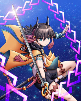 1girl azure_striker_gunvolt azure_striker_gunvolt_3 between_fingers black_hair black_shoes blue_background blue_eyes body_markings cowboy_shot earrings highres holding holding_sword holding_weapon horns jewelry kirin_(gunvolt) ofuda ofuda_between_fingers pink_hair red_hair shirt shoes short_hair solo sphere_earrings sword weapon white_shirt windybirdid yellow_cloak