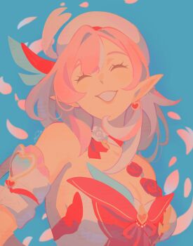 1girl bare_shoulders beret blue_sky breasts cleavage commentary dress earrings elf elysia_(hi_love_elf)_(honkai_impact) elysia_(honkai_impact) english_commentary falling_petals hat heart heart_earrings highres honkai_(series) honkai_impact_3rd jewelry large_breasts mararu multicolored_hair petals pink_hair pointy_ears red_dress short_hair sky smile solo two-tone_hair upper_body white_hair