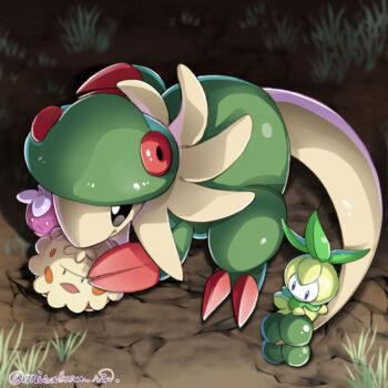 absurdres alternate_color black_eyes bounsweet breloom colored_skin gen_3_pokemon gen_5_pokemon gen_7_pokemon green_skin highres misubaru_rin multicolored_skin mushroom nintendo no_humans petilil plant pokemon pokemon_(creature) protecting red_claws shiny_pokemon shroomish tail two-tone_skin very_long_tail yellow_skin