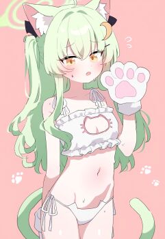 1girl ahoge animal_ear_fluff animal_ears animal_hands animal_print auto_ins blue_archive blush bra breasts cat_cutout cat_ear_panties cat_ears cat_girl cat_lingerie cat_paws cat_print cat_tail cleavage cleavage_cutout clothing_cutout cowboy_shot crescent crescent_hair_ornament flying_sweatdrops frilled_bra frills gloves green_hair green_halo green_tail hair_ornament halo highres hikari_(blue_archive) kemonomimi_mode loli long_hair looking_at_viewer navel one_side_up open_mouth panties paw_gloves paw_print pink_background side-tie_panties simple_background small_breasts solo stomach sweat tail two_side_up underwear underwear_only white_bra white_gloves white_panties yellow_eyes
