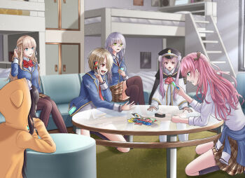 6+girls absurdres aikawa_megumi asakura_karen_(heaven_burns_red) bed black_hair blonde_hair brown_hair bunk_bed card glasses green_eyes heaven_burns_red highres holding holding_card izumi_yuki_(heaven_burns_red) kayamori_ruka kepekki_kanojo kneehighs kunimi_tama long_hair multiple_girls pink_hair red_eyes sailor school_uniform short_hair sitting socks table toujou_tsukasa uno_(game) wariza