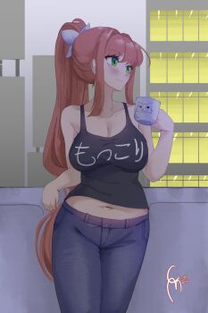 Rule 34 | 1girl, against railing, artist name, blush, breasts, brown hair, cleavage, coffee mug, cup, denim, doki doki literature club, green eyes, hair ribbon, highres, jeans, large breasts, legs, long hair, monika (doki doki literature club), mug, navel, pants, ponytail, railing, ribbon, shirt, sleeveless, sleeveless shirt, smile, solo, thighs