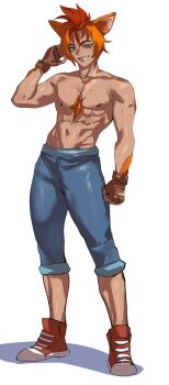 Rule 34 | 1boy, absurdres, animal ears, arm hair, blue pants, brown gloves, chest hair, chinese commentary, commentary, crash bandicoot, crash bandicoot (series), fingerless gloves, full body, gloves, green eyes, grin, highres, humanization, looking at viewer, male focus, navel, nipples, orange hair, pants, shoes, short hair, shredded muscles, smile, sneakers, solo, taiyang yu, toned, toned male, topless male