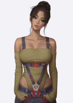 1girl belt black_belt black_hair black_nails breasts brown_eyes cyberpunk_(series) cyberpunk_2077 dark-skinned_female dark_skin eyeshadow green_leotard hair_bun hands_in_pockets head_tilt highres leotard lips looking_at_viewer makeup medium_breasts mole mole_under_mouth off-shoulder_leotard panam_palmer single_hair_bun solo umigraphics white_background