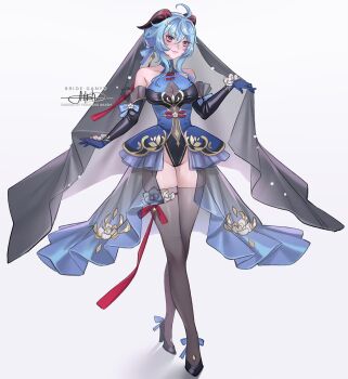 1girl ahoge alternate_costume bare_shoulders black_footwear black_leotard black_sleeves black_thighhighs black_veil blue_dress blue_gloves blue_hair blush breasts character_name cleavage collarbone commentary detached_sleeves dress english_commentary english_text full_body ganyu_(genshin_impact) genshin_impact gloves goat_horns hair_between_eyes high_heels highleg highleg_leotard highres horns large_breasts leotard light_blue_hair light_smile looking_at_viewer princess_ailish purple_eyes see-through_cleavage see-through_clothes short_hair_with_long_locks signature simple_background sleeveless sleeveless_dress leotard solo standing thighhighs typo veil white_background