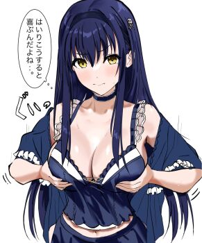 1girl black_hairband blue_camisole blue_hair bone_hair_ornament breasts camisole choker cleavage frilled_choker frills grabbing_own_breast hair_ornament hairband highres kushima_kamome large_breasts long_hair looking_at_viewer midriff navel simple_background skull_and_crossbones skull_hair_ornament solo sound_effects speech_bubble straight_hair summer_pockets thought_bubble translation_request tsurime upper_body white_background yellow_eyes zenoo