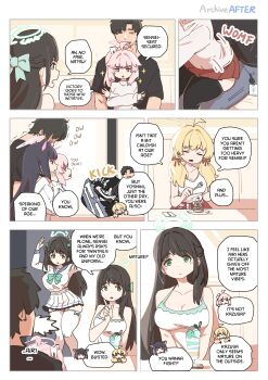 1boy 4girls aged_up ahoge airi_(blue_archive) animal_ears arms_up bare_shoulders black_choker black_hair black_thighhighs blonde_hair blue_archive bone breasts brown_eyes cat_ears choker cleavage closed_mouth comic green_eyes hair_over_shoulder halo height_difference kazusa_(blue_archive) kicking large_breasts long_hair mabufuyo multicolored_hair multiple_girls natsu_(blue_archive) pink_eyes pink_hair pink_halo school_uniform sensei_(blue_archive) short_hair sidelocks sitting sitting_on_lap sitting_on_person smile sparkle sparkling_eyes thick_thighs thighhighs thighs twintails white_thighhighs wide_hips yellow_eyes yellow_halo yoshimi_(blue_archive)