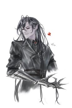 1boy ajsaart arm_guards black_coat black_hair black_sclera black_shirt brooch bug butterfly chest_belt coat collared_shirt colored_sclera curtained_hair hair_over_shoulder highres insect jewelry long_hair looking_at_viewer male_focus original playing_with_own_hair pointy_ears red_butterfly red_eyes shirt sleeves_rolled_up smirk solo upper_body