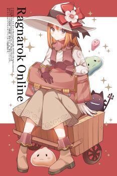 Rule 34 | 1girl, absurdres, ayamisiro, bag, blush, boots, brown bag, brown boots, brown eyes, brown gloves, brown hair, brown skirt, brown vest, closed mouth, commentary request, copyright name, copyright notice, deviruchi, drops (ragnarok online), flower, full body, gloves, hat, hat flower, highres, long hair, long sleeves, merchant (ragnarok online), open clothes, open vest, poporing, poring, pullcart, ragnarok online, red background, shirt, sitting, skirt, slime (creature), smile, solo, sparkle, two-tone background, vest, white background, white flower, white hat, white shirt, witch hat