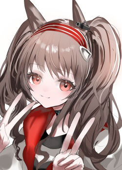 1girl absurdres angelina_(arknights) animal_ears arknights black_collar brown_hair collar commentary double_v fox_ears fox_girl hairband highres horobu infection_monitor_(arknights) long_fingers long_hair looking_at_viewer multicolored_hairband red_eyes red_hairband simple_background smile solo striped_clothes striped_hairband twintails two-tone_hairband upper_body v white_background