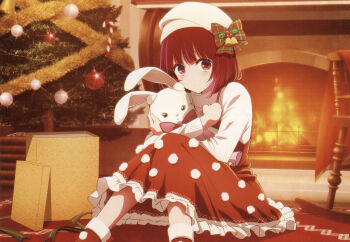 1girl absurdres anime_coloring arima_kana bell beret blunt_bangs blush bob_cut boots bow box christmas christmas_ornaments christmas_tree closed_mouth crossed_arms dress eyelashes feet_out_of_frame fireplace frilled_dress frills fur-trimmed_boots fur_trim gift gift_box glint green_ribbon hair_bell hair_bow hair_ornament hat highres hirayama_kanna holding holding_stuffed_toy holly indoors knees_together_feet_apart knees_up long_dress long_sleeves looking_at_viewer non-web_source official_art open_box oshi_no_ko pink_bow pom_pom_(clothes) red_boots red_bow red_dress red_eyes red_hair ribbon santa_hat scan self-scan shirt short_hair sitting sleeveless sleeveless_dress solo stuffed_animal stuffed_rabbit stuffed_toy white_hat white_shirt