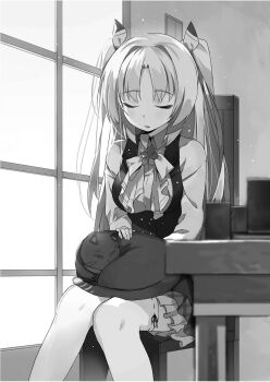 Rule 34 | 1girl, animal, art ange, blurry, blush, breasts, buta koushaku, cat, chair, charlotte lily hughjack, checkered clothes, checkered skirt, closed eyes, collared shirt, feet out of frame, greyscale, hair ribbon, highres, indoors, long hair, long sleeves, miniskirt, monochrome, nauribon, novel illustration, official art, on chair, open mouth, parted lips, ribbon, school uniform, shirt, sitting, skirt, sleeping, table, thighhighs, third-party source, two side up, very long hair, vest, white hair, window
