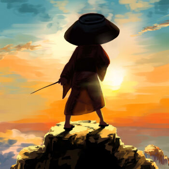 1girl above_clouds bowl bowl_hat chinese_commentary cloud commentary_request from_behind hat holding holding_needle japanese_clothes kimono kirigawa_mika mountain needle needle_sword outdoors red_kimono sandals see-through_silhouette sky solo sukuna_shinmyoumaru sunset touhou