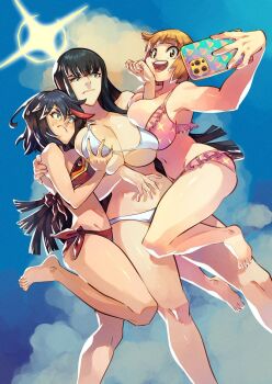 3girls armpits asymmetrical_docking bare_shoulders bikini black_hair breast_press breasts brown_eyes cloud collarbone dutch_angle feet bad_tag grabbing_another's_breast groin groping highres holding huge_breasts kill_la_kill kiryuuin_satsuki large_breasts long_hair mankanshoku_mako matoi_ryuuko multiple_girls navel phone rafchu short_hair siblings sisters sky smile standing stomach sweatdrop swimsuit thighs toes white_bikini